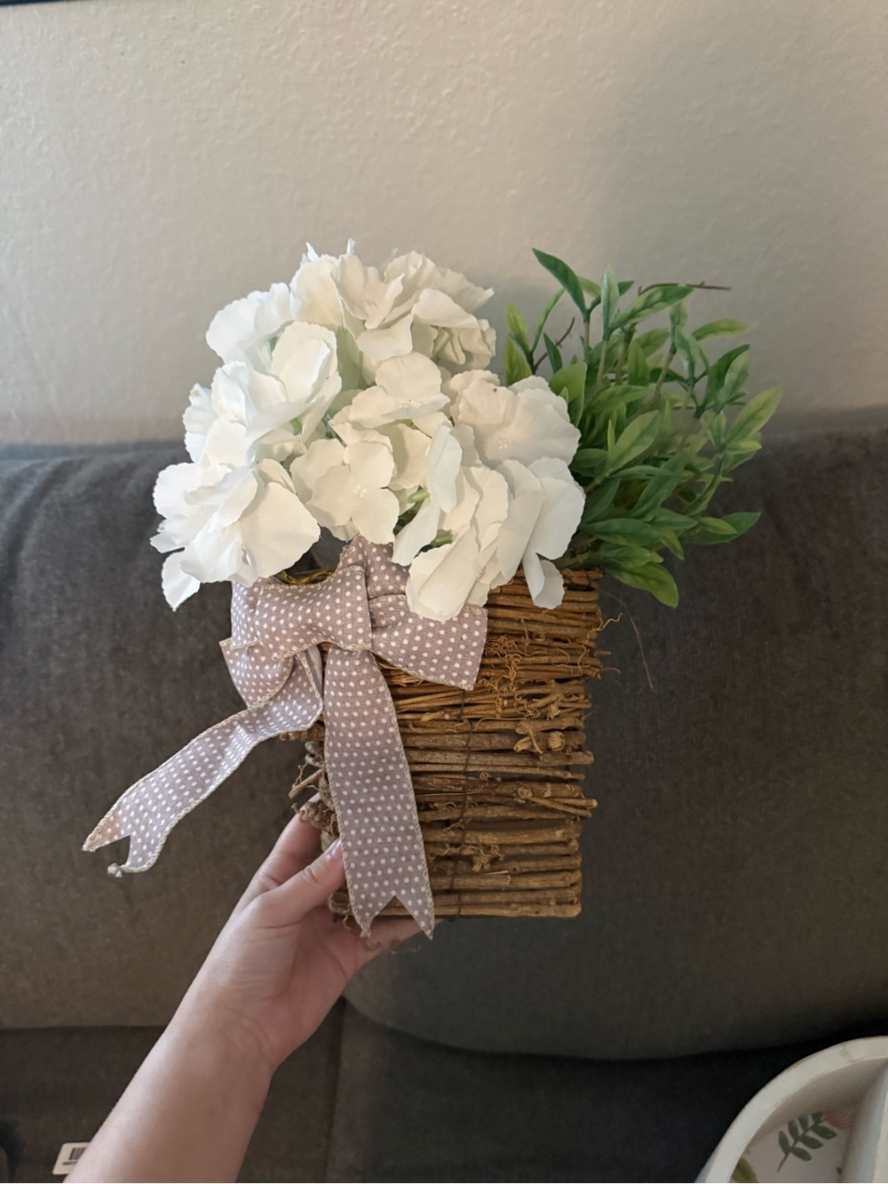 White Hydrangea Basket with Polka Dot Bow - Home Accents